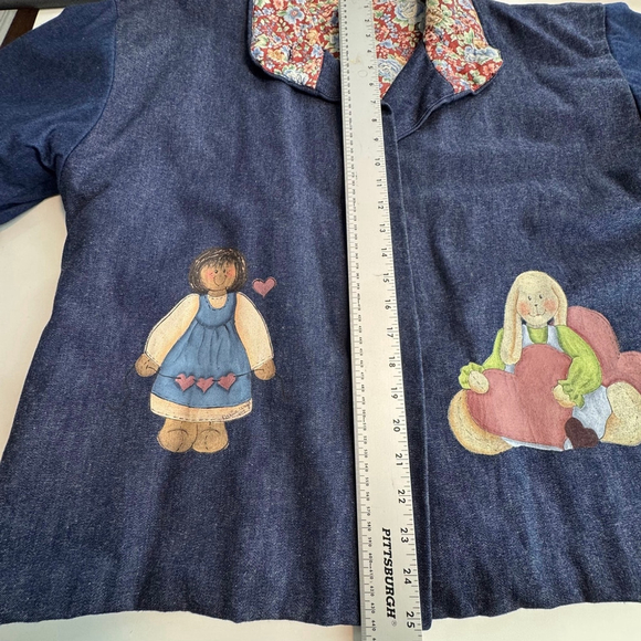 Vintage Style Hand Painted Denim Jacket Cottagecore Folk Art Teddy Bear Indie XL - Picture 13 of 14